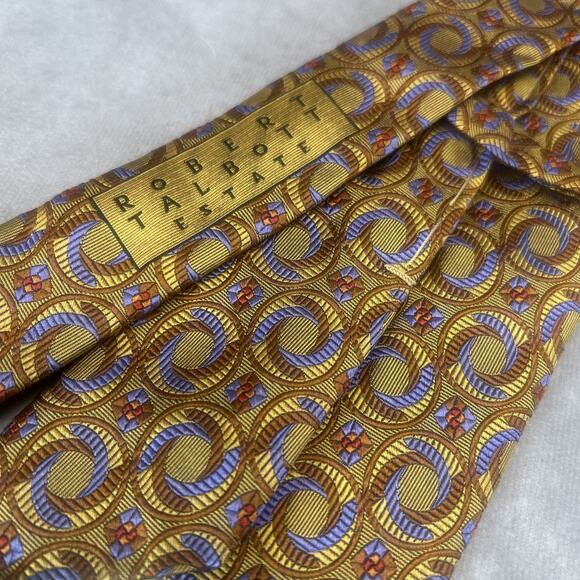 Robert Talbott Estate 100% Silk Necktie Yellow Gold Purple Geometric Swirls USA - Picture 7 of 7